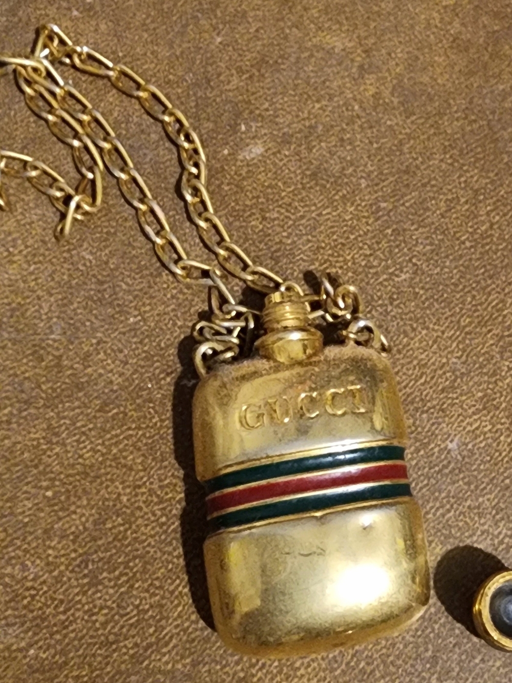 Gucci Gold-Tone Flask Pendant Necklace with Green and Red Stripe